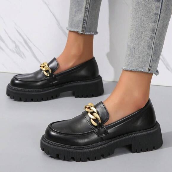 SHEIN Chain Decor Slip On Wedge Loafer Flatform Shoe Black sz 8 (CN40) - Picture 5 of 16